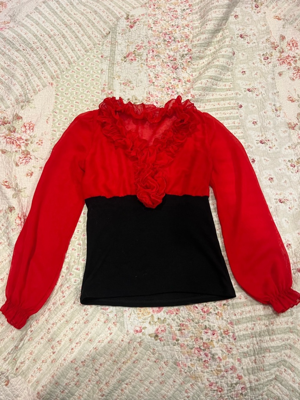 Vintage Red and Black Ruffle V-Neck Blouse